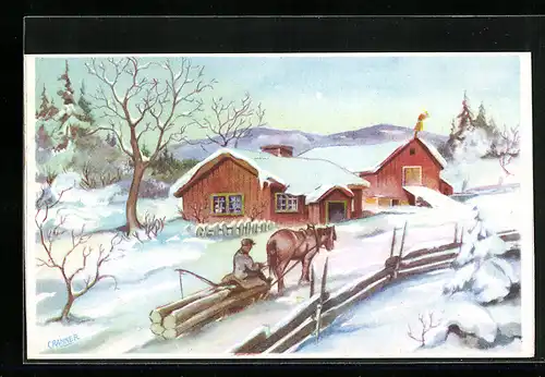 Künstler-AK sign. Cranner: Mann auf einem Schlitten aus Baumstämmen wird durch die verschneite Landschaft gezogen