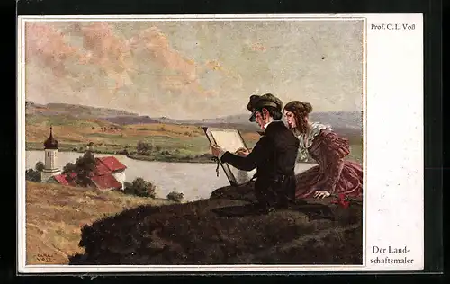 Künstler-AK Landschaftsmaler bei der Arbeit sitzt neben einer Frau