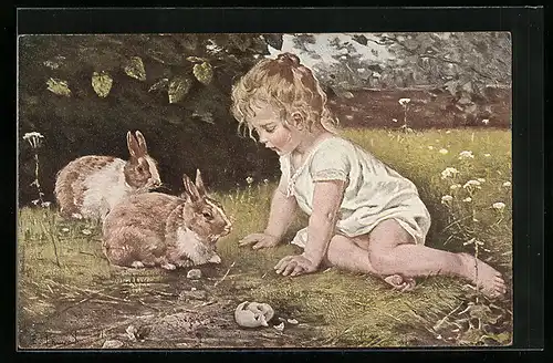 AK Mädchen spielt mit Kaninchen