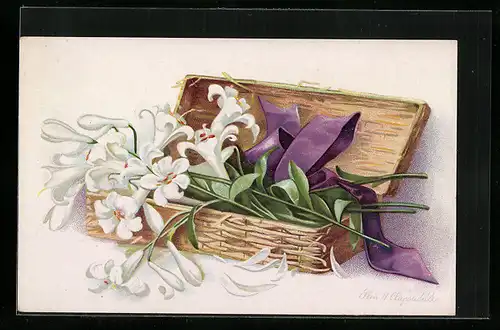 Künstler-AK sign. Ellen H. Clapsaddle: Weisse Blumen mit lila Schleife in einer Schatulle