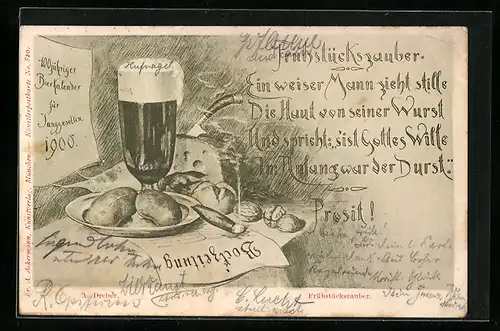 Künstler-AK sign. A. Dreher: Frühstückszauber, Bier und Käse zum Frühstück