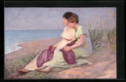 Künstler-AK sign. Adolf Hering: Zwei Frauen geniessen den lauen Abend am Strand
