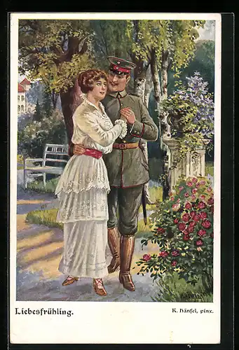 Künstler-AK Liebesfrühling, Soldat auf Heimaturlaub geht mit seinem Mädchen spazieren