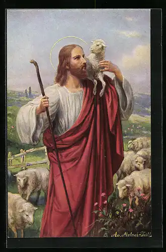 Künstler-AK sign. Arpad v. Molnár-Trill: Jesus mit einem Lämmchen auf der Schulter