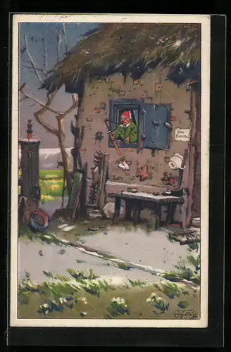 Künstler-AK sign. Erich Kux: Schön Wetter heut, Mann am Fenster freut sich über schönes Wetter