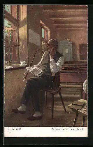 Künstler-AK R. de Witt: Schulmeisters Feierabend, Schulmeister beim Rauchen