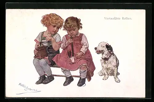 AK Vertauschte Rollen, Junge mit Kaffeemühle und Mädchen mit Tabakpfeife neben einem Hund