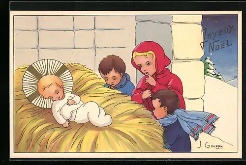 Künstler-AK sign. J. Gouppy: Französischer Weihnachtsgruss, Kinder spielen die Geburt Jesu nach