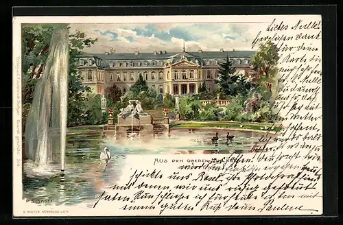 Lithographie Stuttgart, Schwanenpartie in den oberen Anlagen