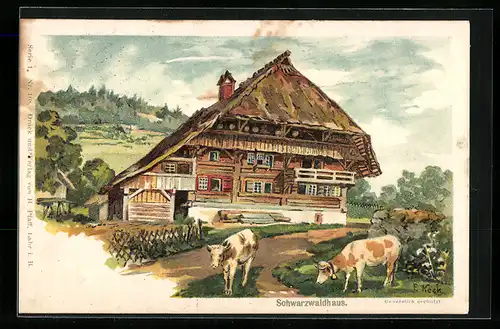 Künstler-AK Schwarzwaldhaus, Kühe am Weg vor dem Haus