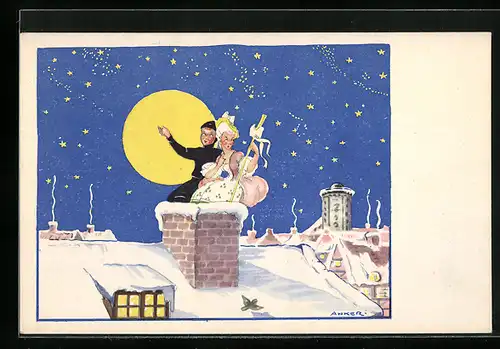 Künstler-AK Schornsteinfeger und Fräulein auf verschneitem Hausdach