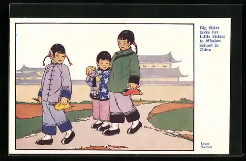 Künstler-AK sign.Joyce Barton: Big Sister takes her Little Sisters to Mission School in China