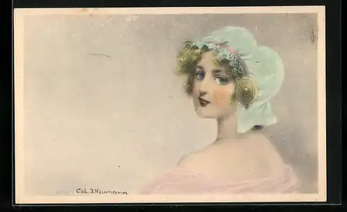 Künstler-AK sign. Col. J. Neumann: Hübsche Dame mit Haube