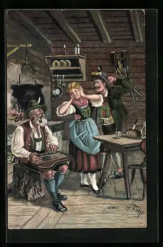 Künstler-AK sign. E. Fahr: Dem Paar gefällt das gezither des Opas nicht