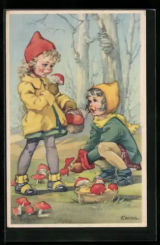 Künstler-AK Zwei Kinder sammeln rote Pilze im Wald