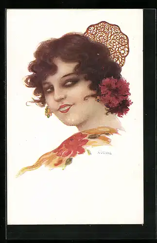 Künstler-AK sign. Codina: Lächelnde Frau mit Blüte und Schmuck im Haar