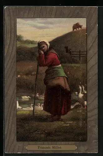 Künstler-AK sign. Francois Millet: Gänsehirtin auf einer Wiese