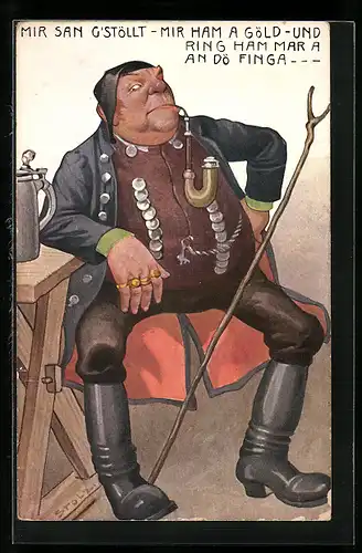 Künstler-AK Scherz, Mann in Tracht mit Pfeife und goldenen Ringen an den Fingern
