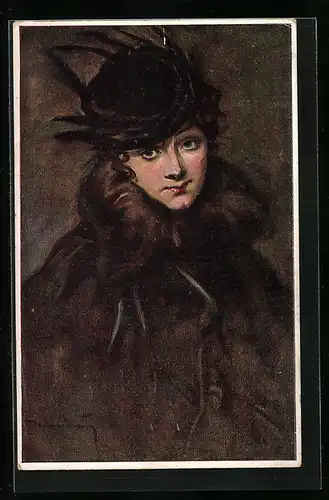 Künstler-AK Studienkopf, hübsches Mädchen trägt Hut & Mantel mit Pelzkragen