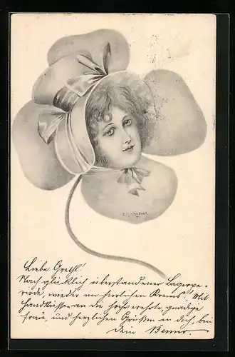 Künstler-AK sign. E. M. Kantner: Frauenkopf mit Hut in einem Kleeblatt, Jugendstil