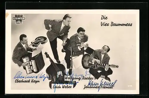 AK Musikquartett Die Vier Brummers mit Akkordeon, Bass und Gitarre, Autograph