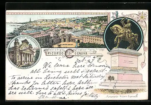 Lithographie Genova, Chiesa Dell`Annunciata, Panorama di S. Brigida, Monumento Vittorio Emanuele
