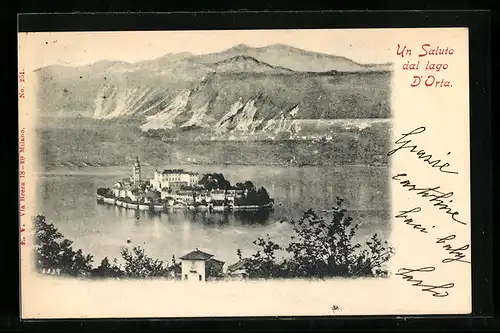 AK Orta, Insel im Ortasee aus der Vogelschau