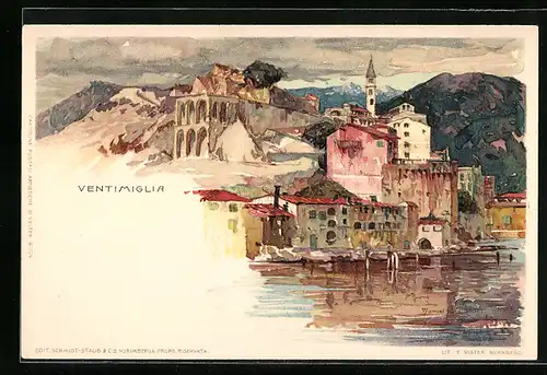Künstler-AK Manuel Wielandt: Ventimiglia, Ortsansicht mit Hafen und Kirche