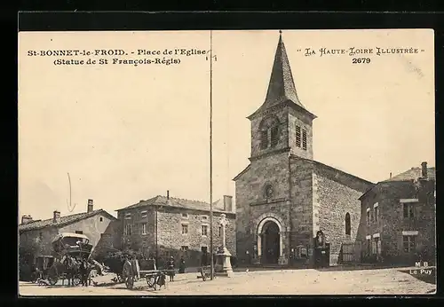 AK St-Bonnet-le-Froid, Place de l`Eglise, Statue de St Francois-Regis