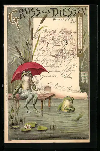 Lithographie Diessen, Frosch in Badehose mit Schirm