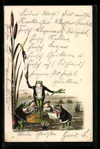 Lithographie Froschkonzert, vermenschlichte Tiere