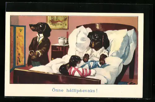 Künstler-AK Onne hallipaevaks!, vermenschlichte Tiere, Dackel