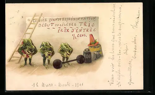 Lithographie Frösche beim Krafttraining, vermenschlichte Tiere