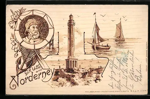 Künstler-AK Norderney, Boote und Leuchtturm