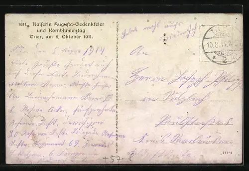 Künstler-AK Trier, Kaiserin Augusta-Gedenkfeier und Kornblumentag 1911