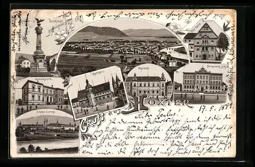 Lithographie Höxter, Rathaus, Postamt, Denkmal, Schloss Corvey