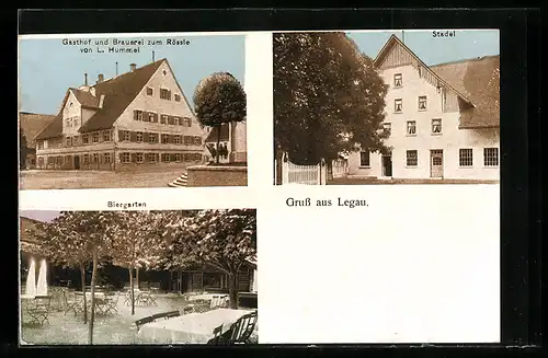 AK Legau, Gasthof und Brauerei zum Rössle, Stadel, Biergarten