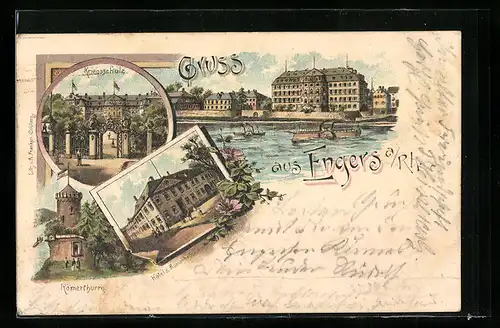 Lithographie Engers a. Rh., Kriegsschule, Hotel z. Römerbrücke