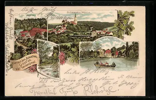 Lithographie Osterburg-Weida, Gasthof Aumühle mit Gondelteich, Aumathal