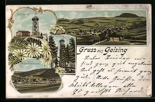 Lithographie Geising, Louisenturm mit Fahne, Wettinhöhe, Blick in den Geisingsgrund mit Dampflok