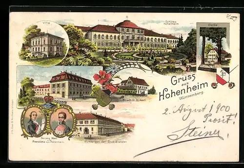 Lithographie Hohenheim /Württ., Schloss mit Anlagen, Villa, Bahnhof, Wohnungen der Studierenden, Wappen