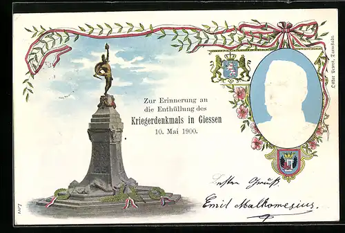 Lithographie Giessen, Kriegerdenkmal, Enthüllung 10. Mai 1900, Grossherzog von Hessen-Darmstadt, Portrait, Wappen
