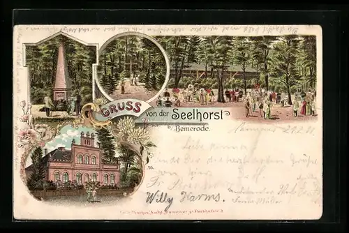 Lithographie Seelhorst /Bemerode, Gaststätte Seelhorst und Denkmal