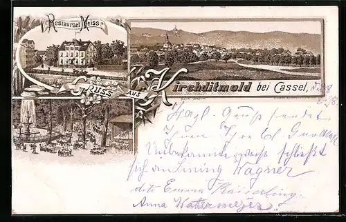 Lithographie Kirchditmold b. Cassel, Restaurant Meiss, Ortsansicht