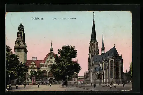 Goldfenster-AK Duisburg, Rathaus und Salvatorkirche