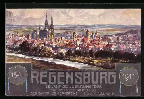 Künstler-AK Regensburg, Ortsansicht, V. Ortsvereinstagung des Verein Merkur 1914