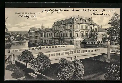 AK Pforzheim, Partie an der Rossbrücke, Strassenbahn