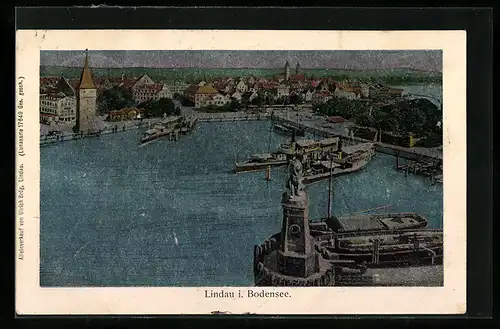 Luna-AK Lindau i. Bodensee, Ortsansicht mit Dampfern am Hafen