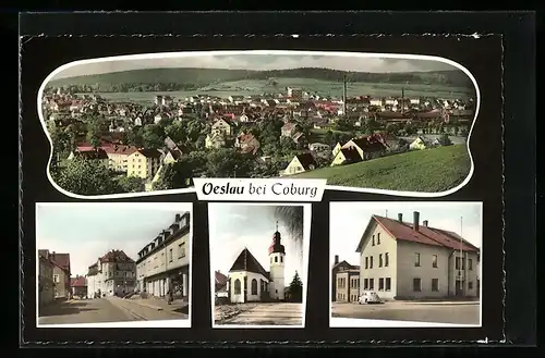 AK Oeslau b. Coburg, Ortsansicht, Blick auf Kirche und Strassenpartie mit VW Käfer