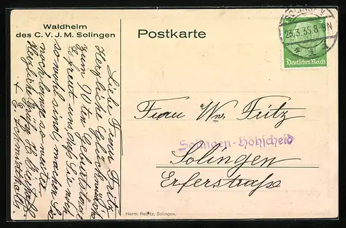 Künstler-AK Solingen, Waldheim des C. V. J. M.